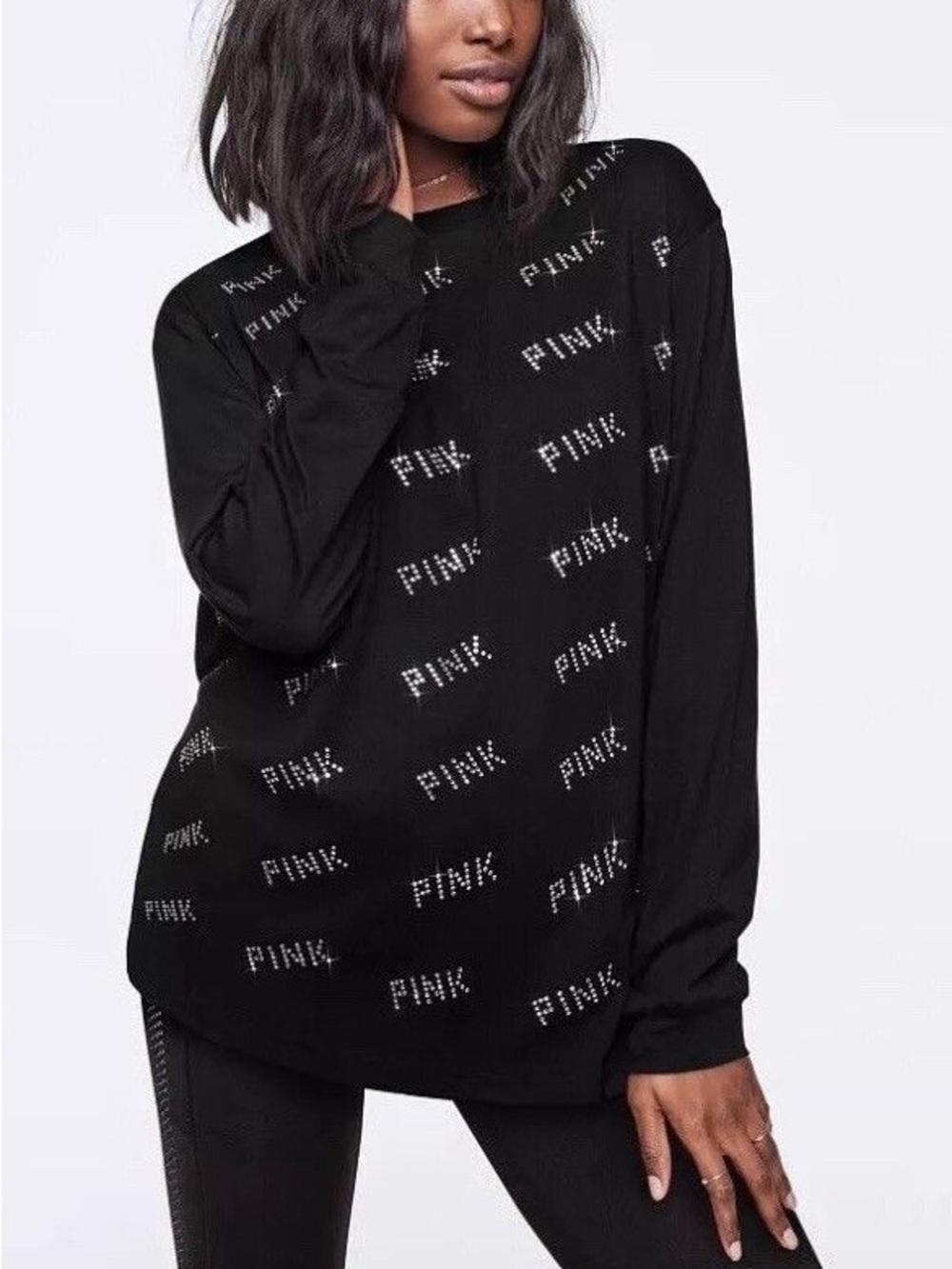 Victoria’s Secret NWT PINK Bling Rhinestone Logo Long Sleeve Tee Women Size XL